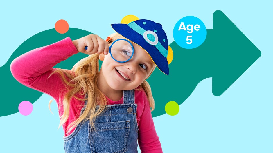 Girl playing with magnifying glass and hat, text next to her reading Age 5 and squiggly arrow in the background